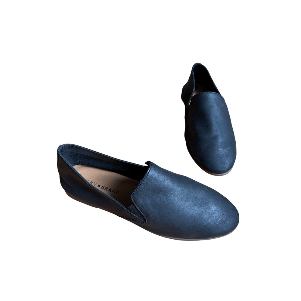 Lucky Brand Womens Black Leather Slip On Loafers Round Toe Flats Size 8.5